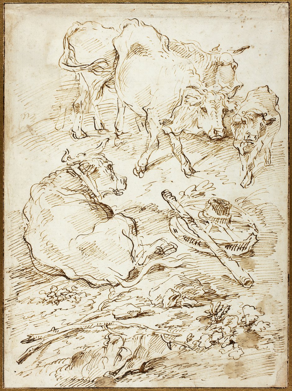 Cattle Beside Cart Wheel by Francesco Castiglione