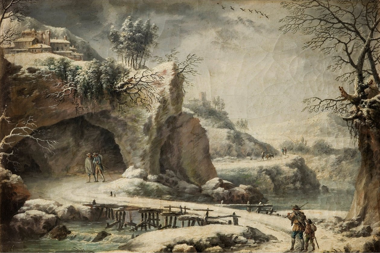 A Frozen River Landscape with Figures by Francesco Foschi