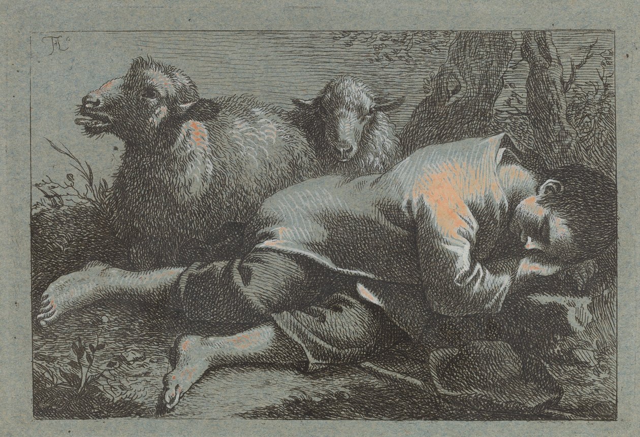 Peasant Boy Asleep near Two Sheep by Francesco Londonio