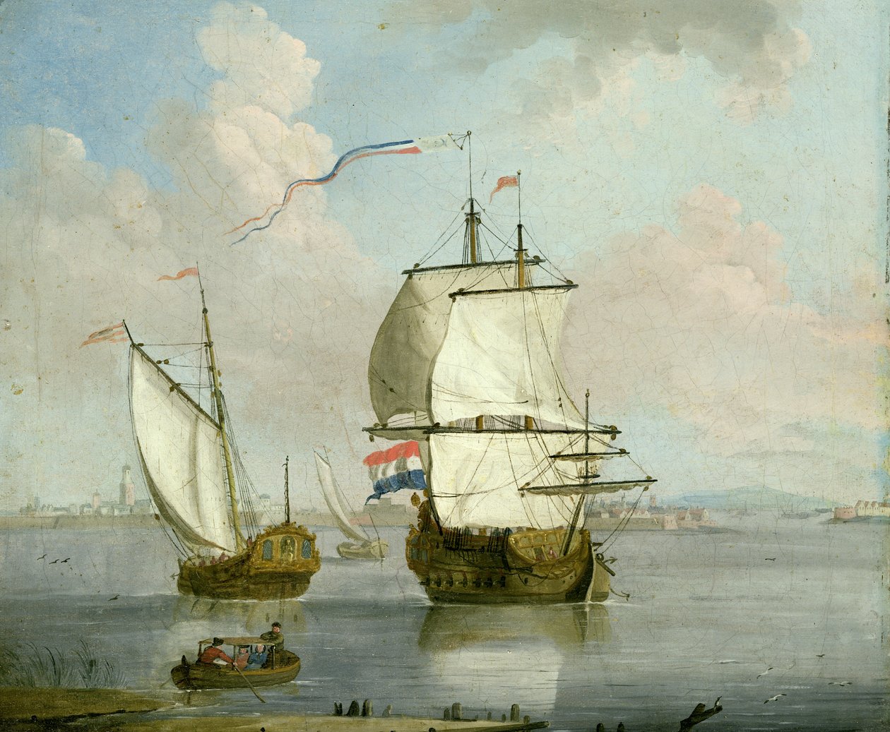 A Dutch East Indian man and a Royal Yacht in an Estuary with a Town Beyond by Francis Swaine