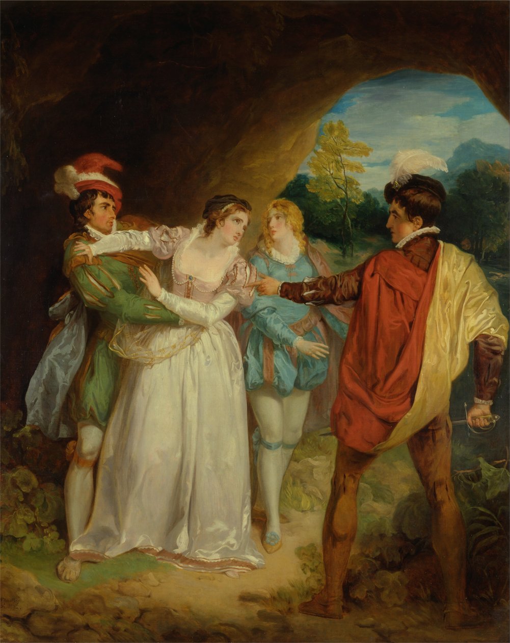 Valentine rescuing Silvia from Proteus, from Shakespeare