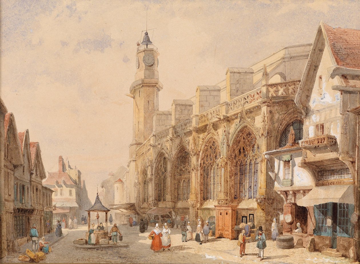 French Village Street with a Cathedral by Francois Etienne Villeret