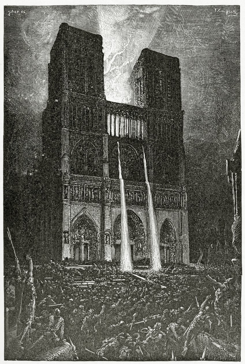 Quasimodo pours boiling oil onto the army of villains trying to rescue Esmeralda - illustration from Notre Dame de Paris, 19th Century by Francois Nicolas Chifflart