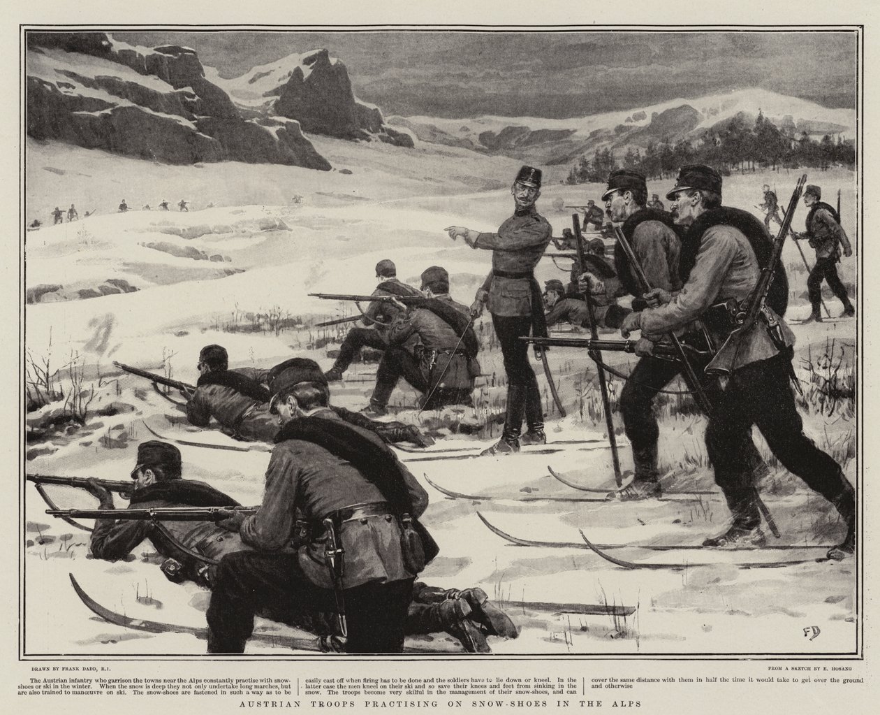 Austrian Troops Practising on Snow-Shoes in the Alps by Frank Dadd