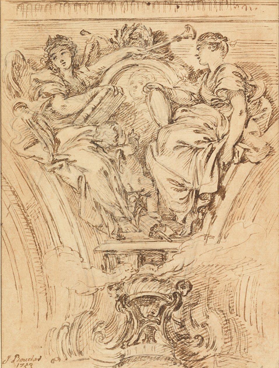 Spandrel Decoration - Fame and Truth Applauding Louis XV by François Boucher