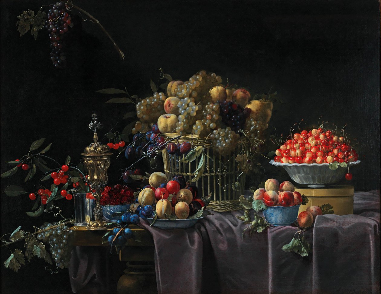 Still Life with Basket of Grapes, a Bowl of Cherries, and a Silver-Gilt Columbine Cup on a Table by François Habert