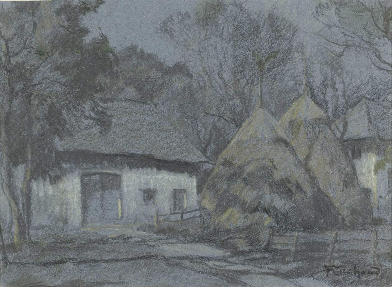 Haystacks by a Farmhouse in Moonlight by François Cachoud