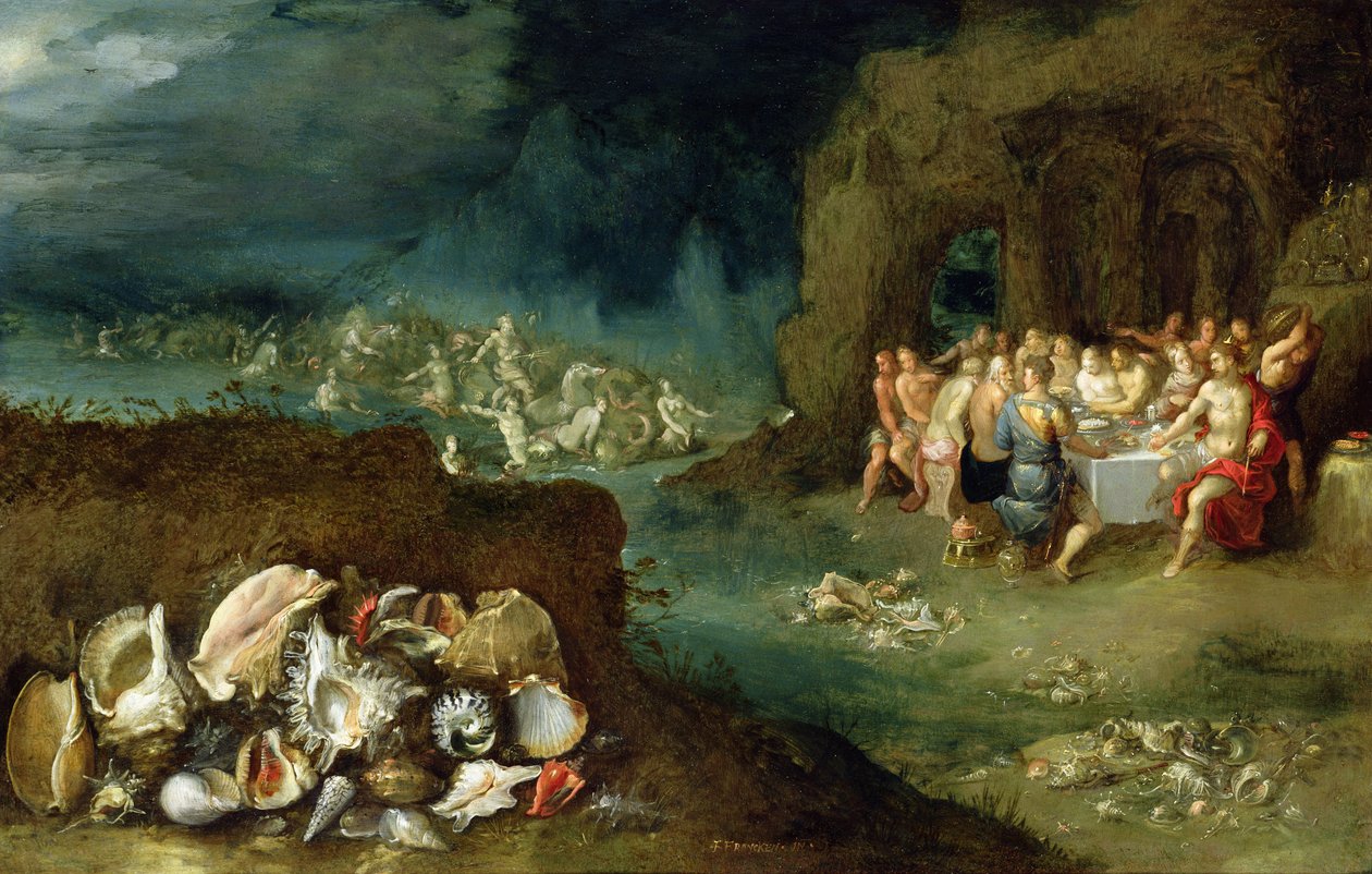 Still life of shells with the Feast of the Gods by Frans II Francken the Younger