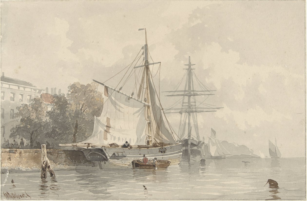 Sailing Ships on Shore by Frans Arnold Breuhaus de Groot