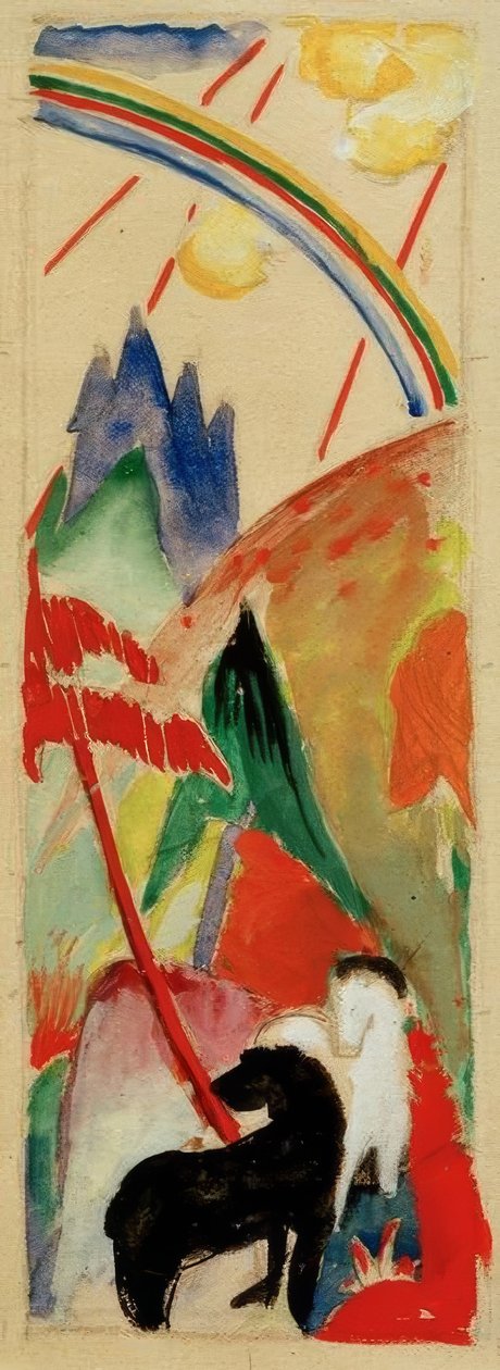 Black and White Horse in Mountain Landscape with Rainbow by Franz Marc
