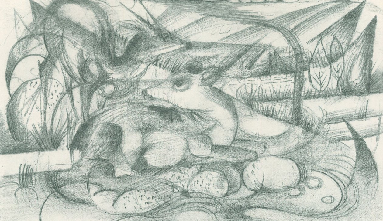 Stag and Doe in Primeval Landscape by Franz Marc
