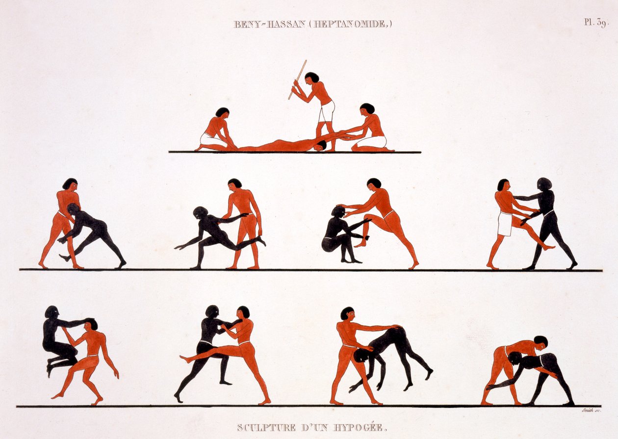 Top: Punishing a Native Man with a Stick, Bottom: Various Wrestling Poses by Frederic Cailliaud