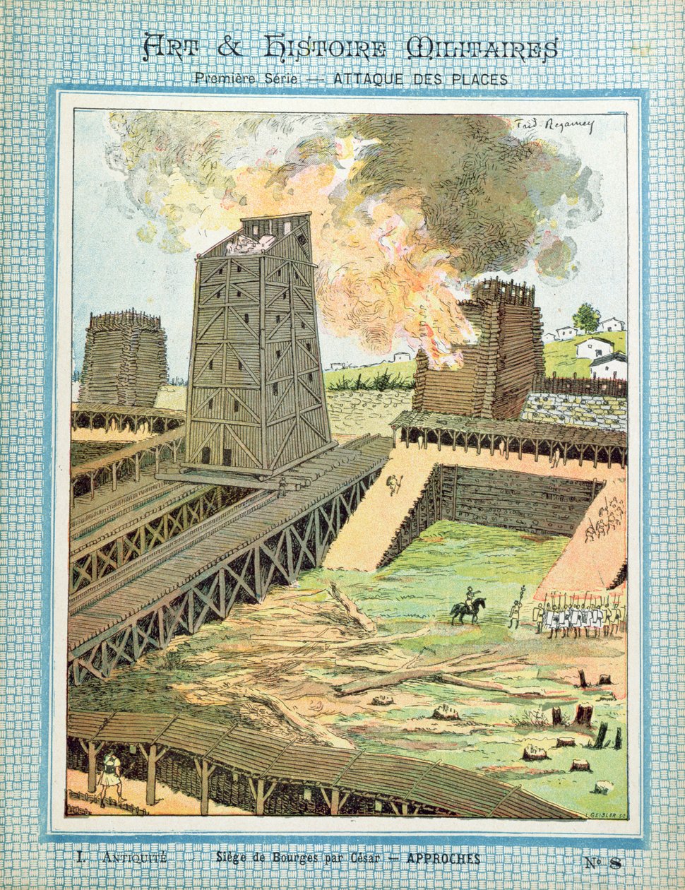The siege of Bourges during the invasion of Gaul by Julius Caesar from a protective sleeve for school books by Frederic Regamey