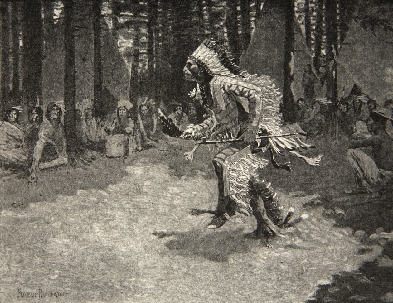Through the shadows and the sunshine, Treading softly like a panther, from The Song of Hiawatha by Henry Wadsworth Longfellow, published by George G. Harrap and Company Ltd., 1911 by Frederic Remington