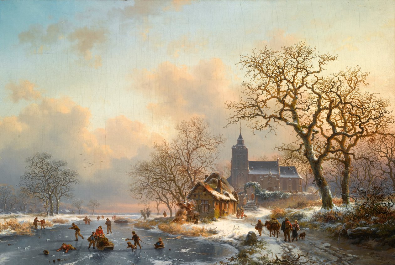 A Winter Landscape with Skaters on a Frozen River by Fredrik Marinus Kruseman