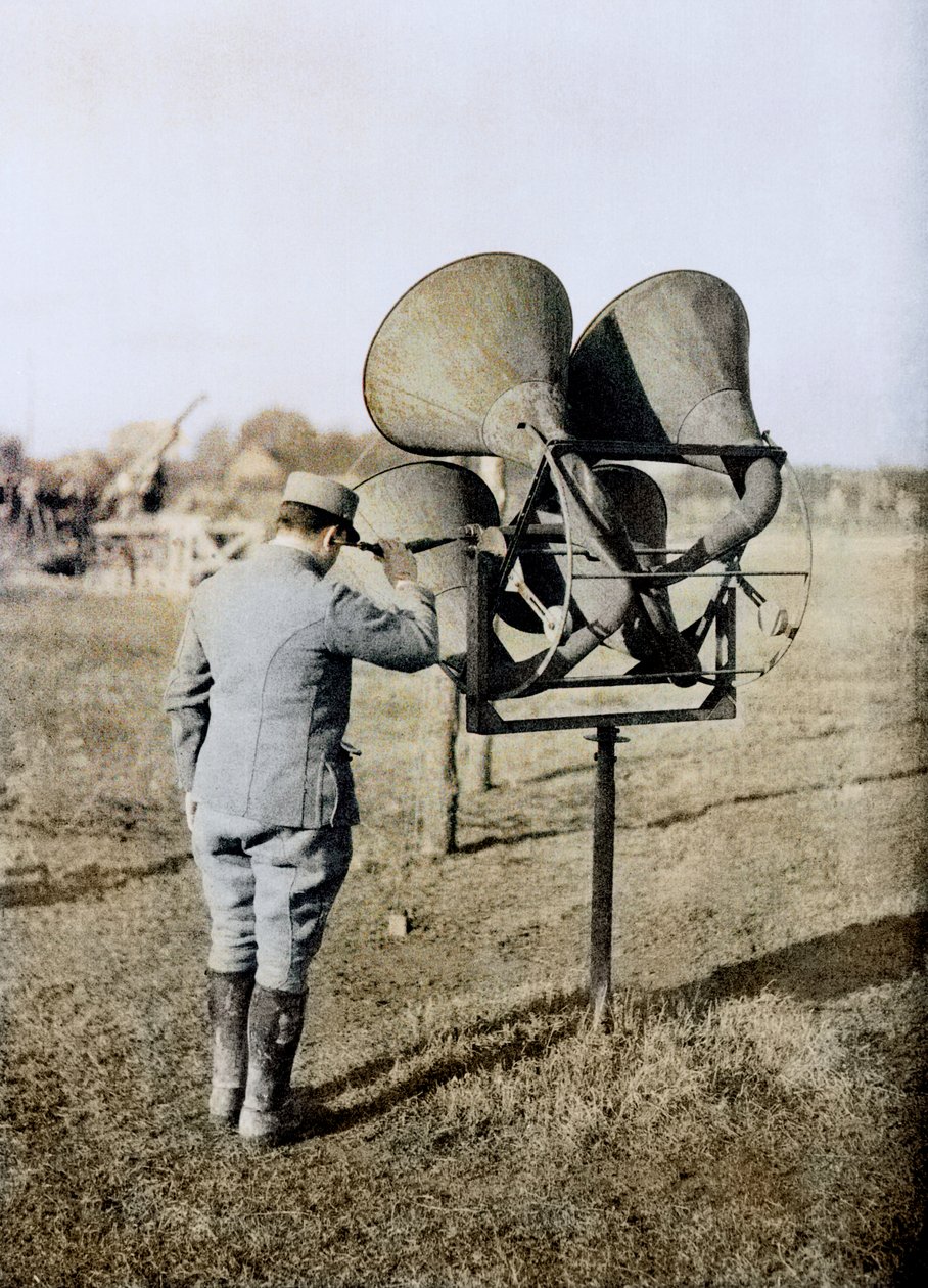French Soldier with an Acoustic Listening Device Capable of Tracking Aeroplanes, in Preparation for Anti-Aircraft Artillery, France, c.1916-18 by French Photographer