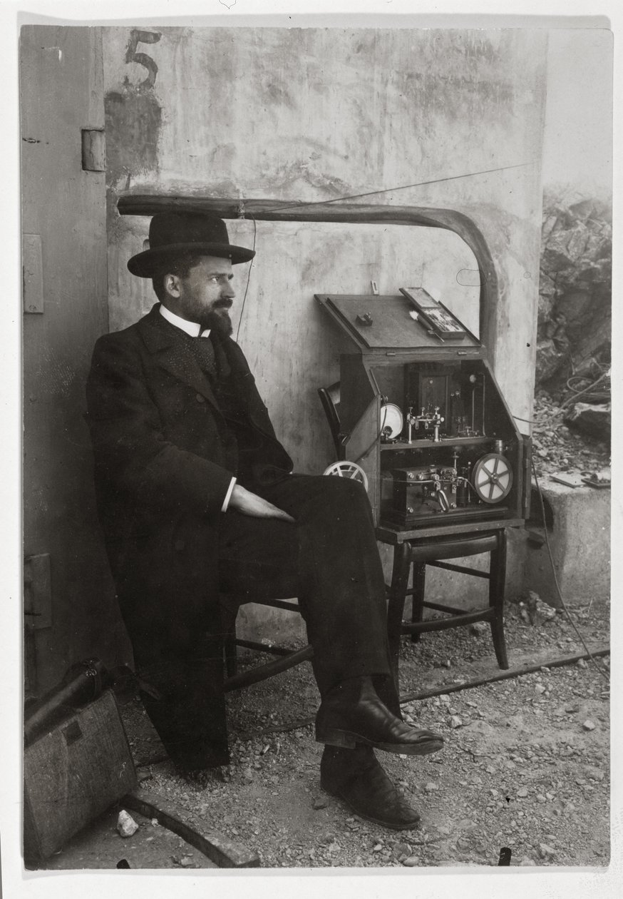 Gustave Ferrie beside his first TSF machine, c.1900 by French Photographer