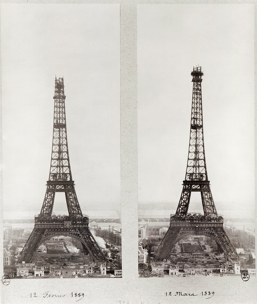 Two Views of the Construction of the Eiffel Tower, Paris, 12th February and 12th March 1889 by French Photographer