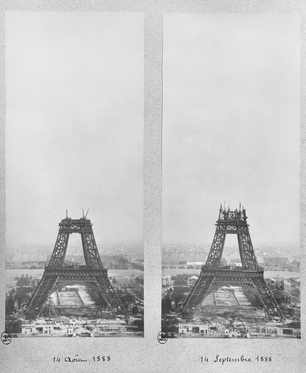 Two views of the construction of the Eiffel Tower, Paris, 14th August and 14th September 1888 by French Photographer