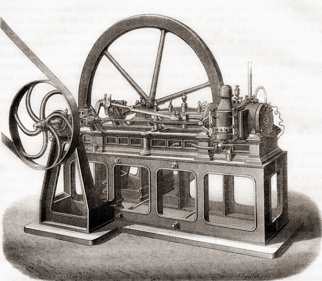 A 19th century gas-fuelled engine, from Les Merveilles de la Science, published c.1870 by French School