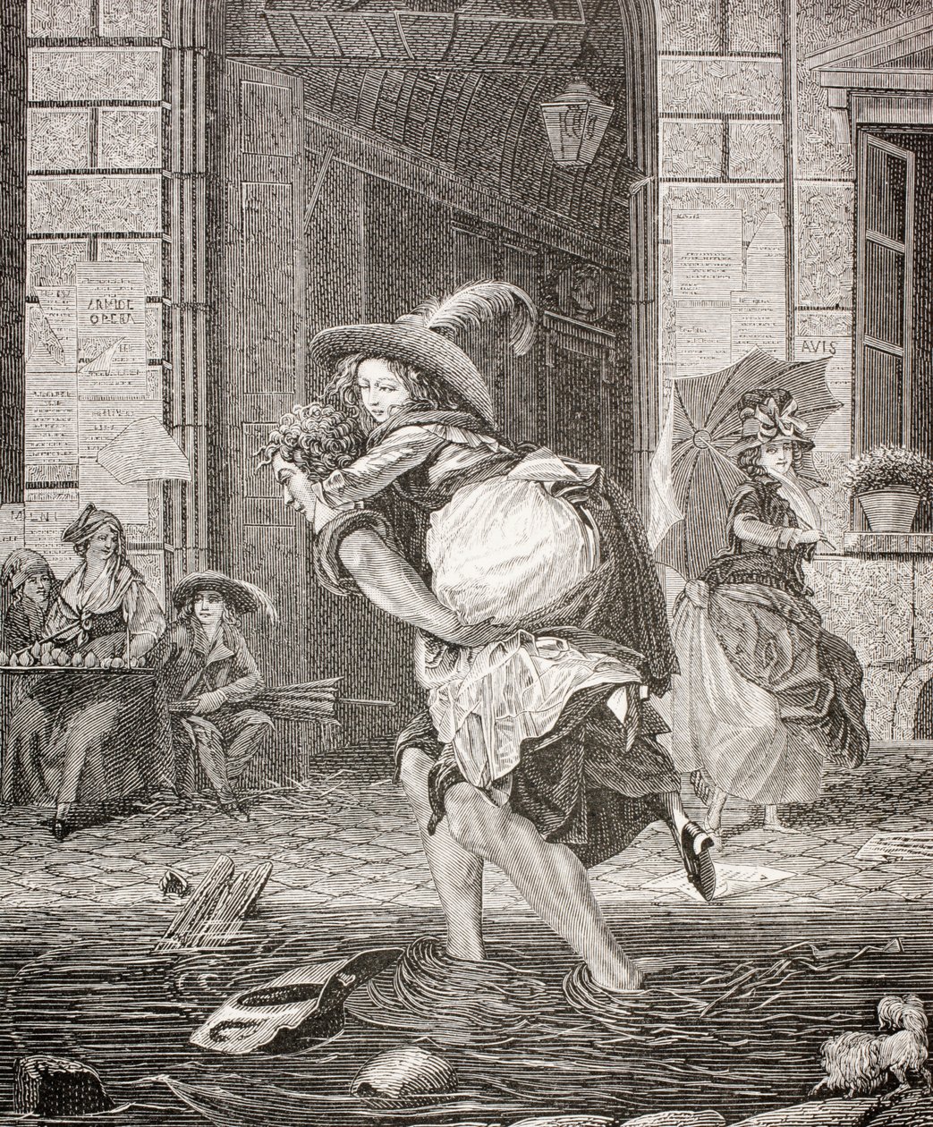 A Carrier Ferrying a Woman across the Street on a Rainy Day in 18th Century Paris, 1875 by French School