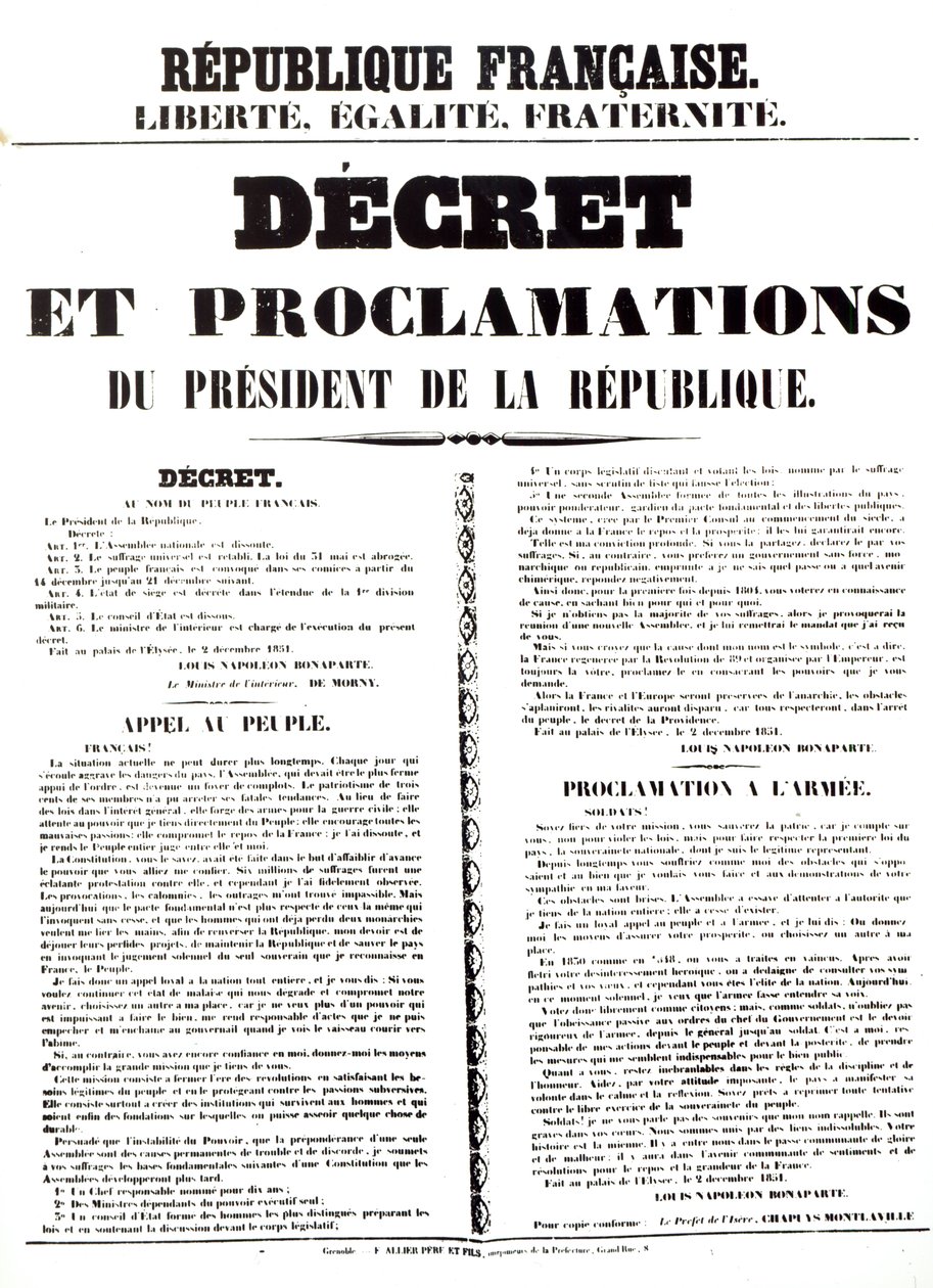 Decree and Proclamation by Louis Napoleon Bonaparte III, President of the Republic, 2nd December 1851 by French School