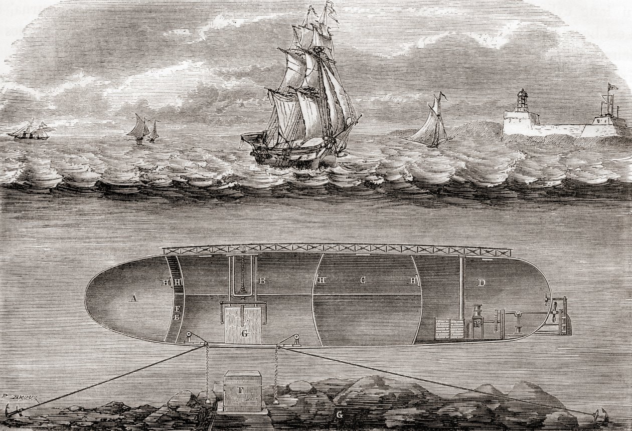 Dr Antoine Prosper Payernes 19th century submarine The Belledone, built in 1846, from Les Merveilles de la Science, published c.1870 by French School
