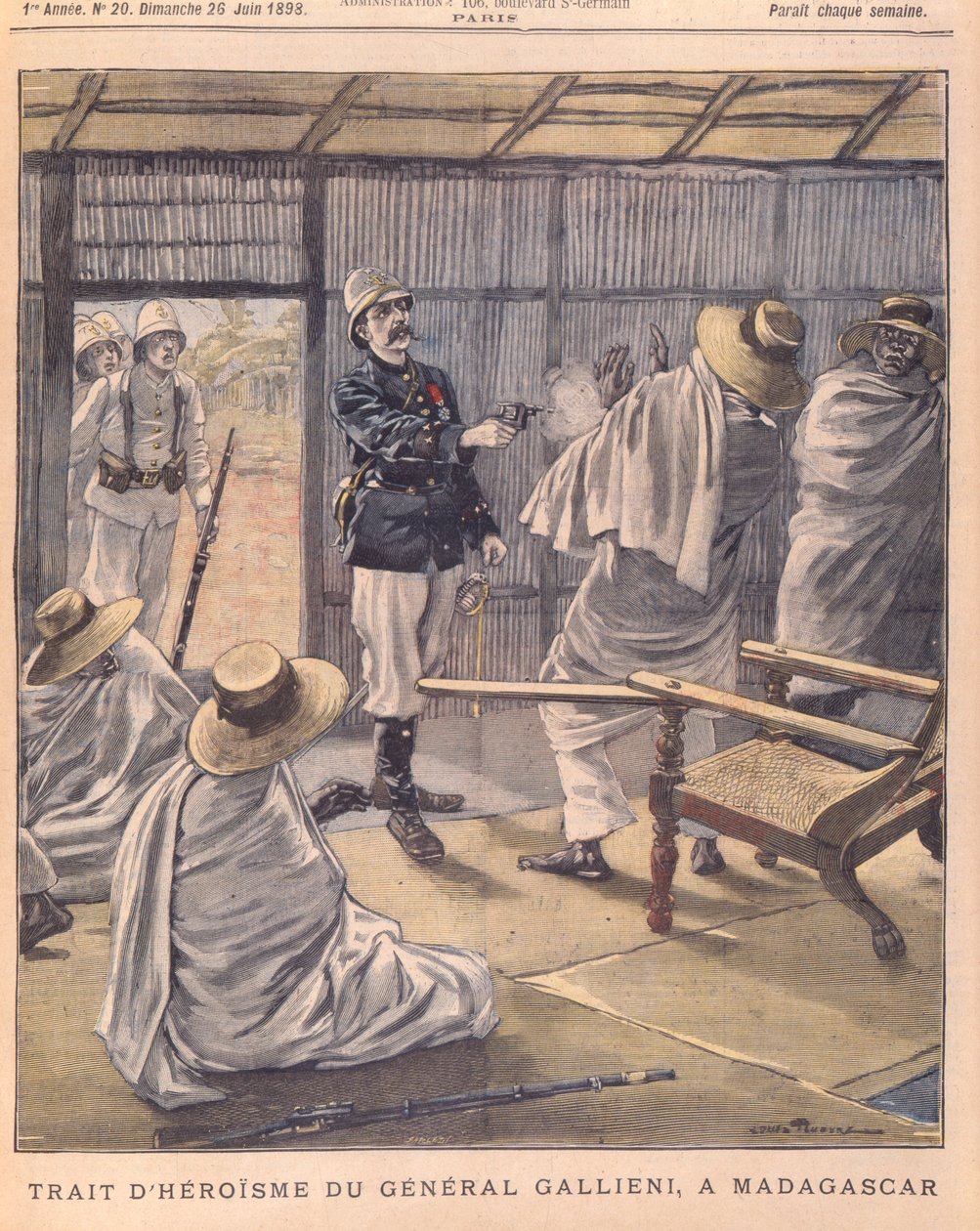 General Gallienis heroic deed in Madagascar, cover of Le Petit Journal, 26th June 1898 by French School