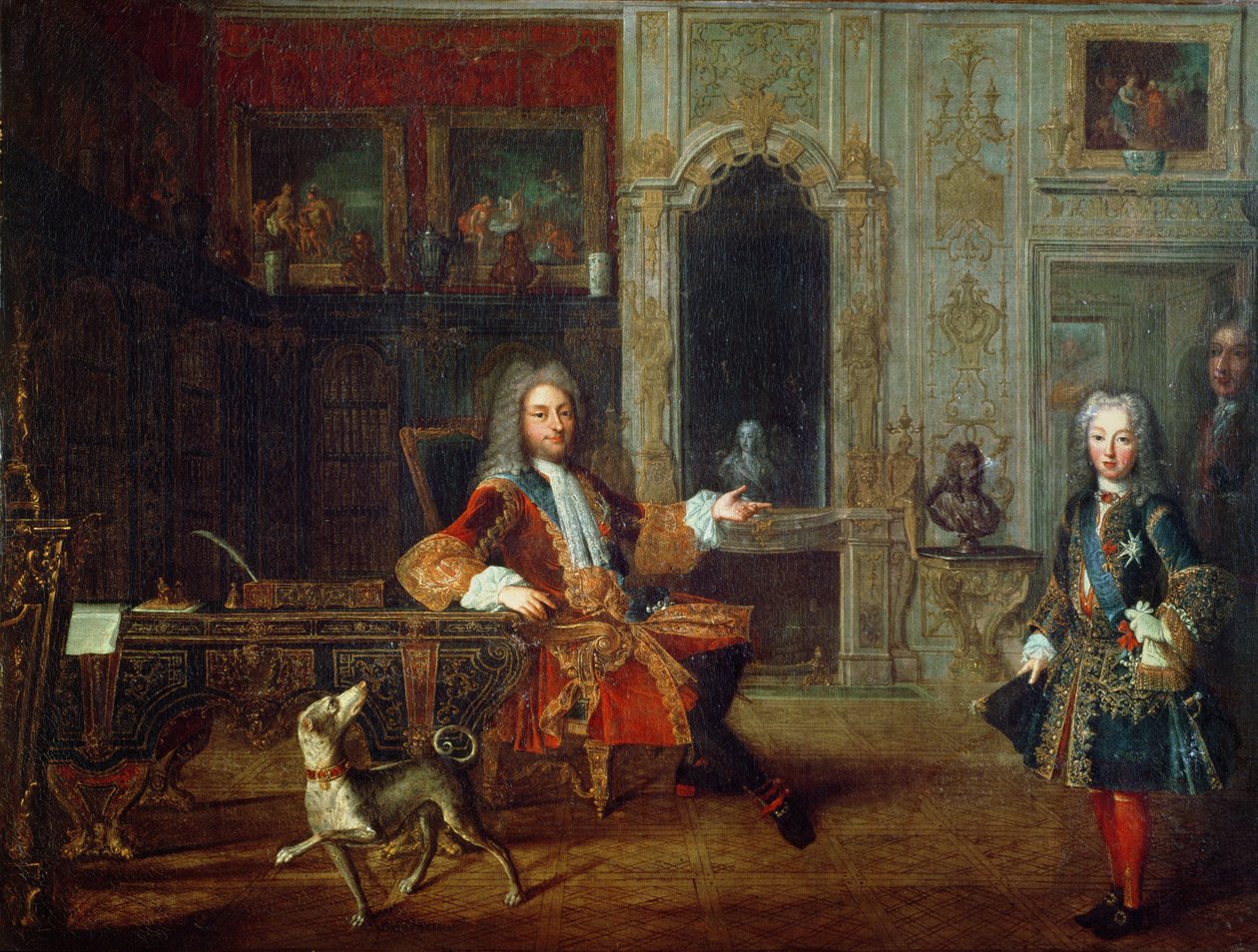 Louis XV and the Regent Philippe II Duke of Orleans in the Study of the Grand Dauphin at Versailles, c.1720 by French School