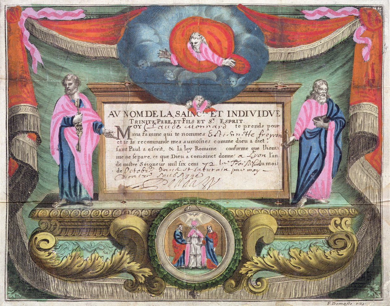Marriage Certificate for Claude Monnard issued at Lyon in 1672 by French School