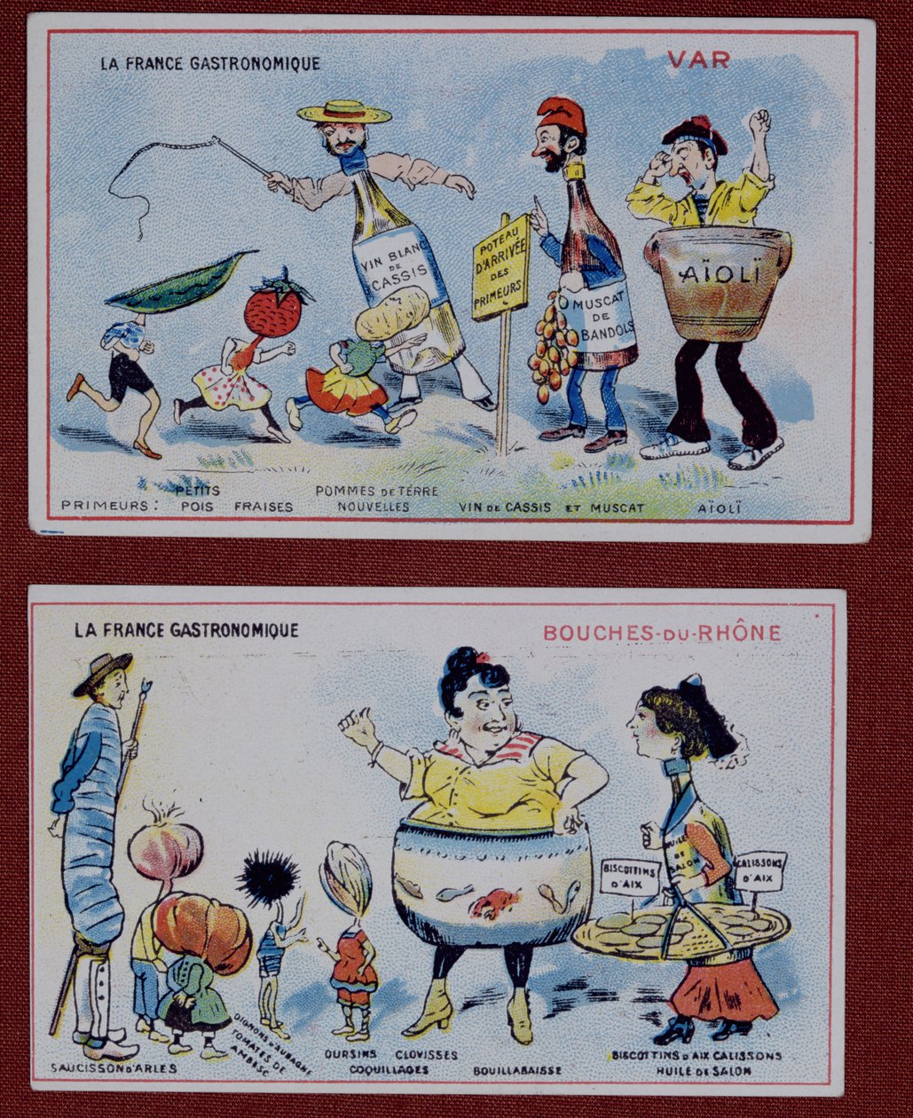 Promotional and Educational Cards for Children Depicting Food Specialities of the Var and Bouches-du-Rhone Regions, c.1910 by French School