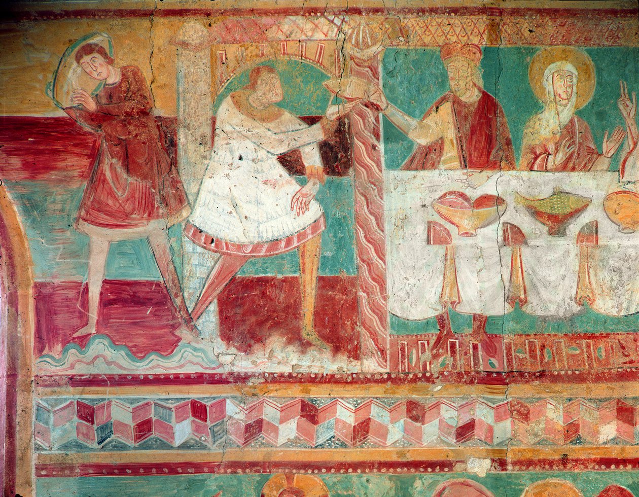 Servants bringing a jar of wine and offering a cup to a guest at the Marriage at Cana, from the South wall of the Choir, 12th century by French School