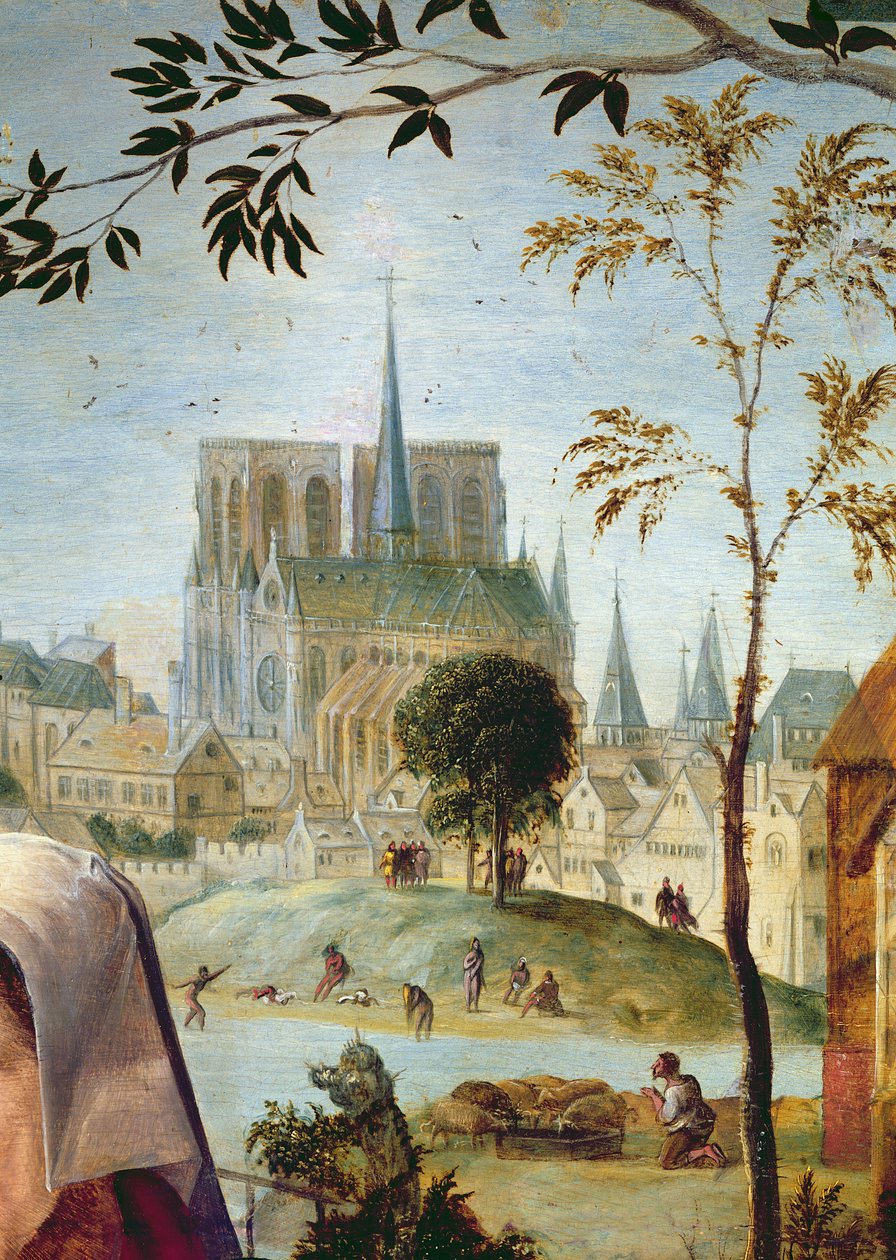 Shepherd with flock and bathers in the River Seine (detail) by French School