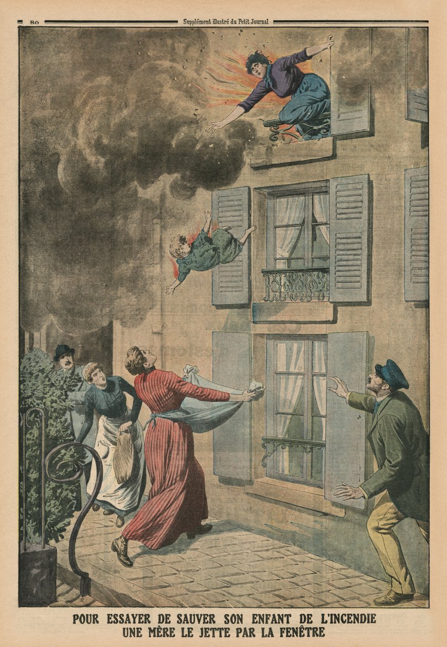 Trying to Save Her Child from the Fire, a Mother Throws Him Through the Window by French School