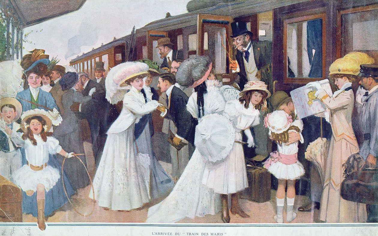 Arrival of the husbands by train, 1908 by French School