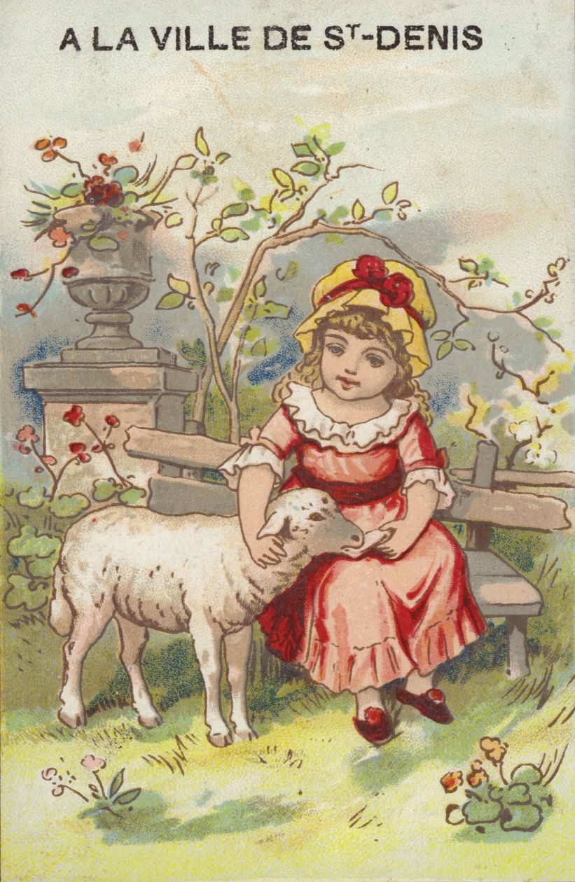 Girl Petting Lamb by French School