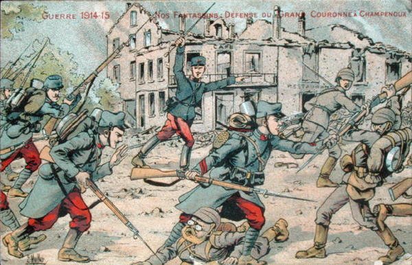 Postcard depicting the French Infantry Defending Champenoux by French School