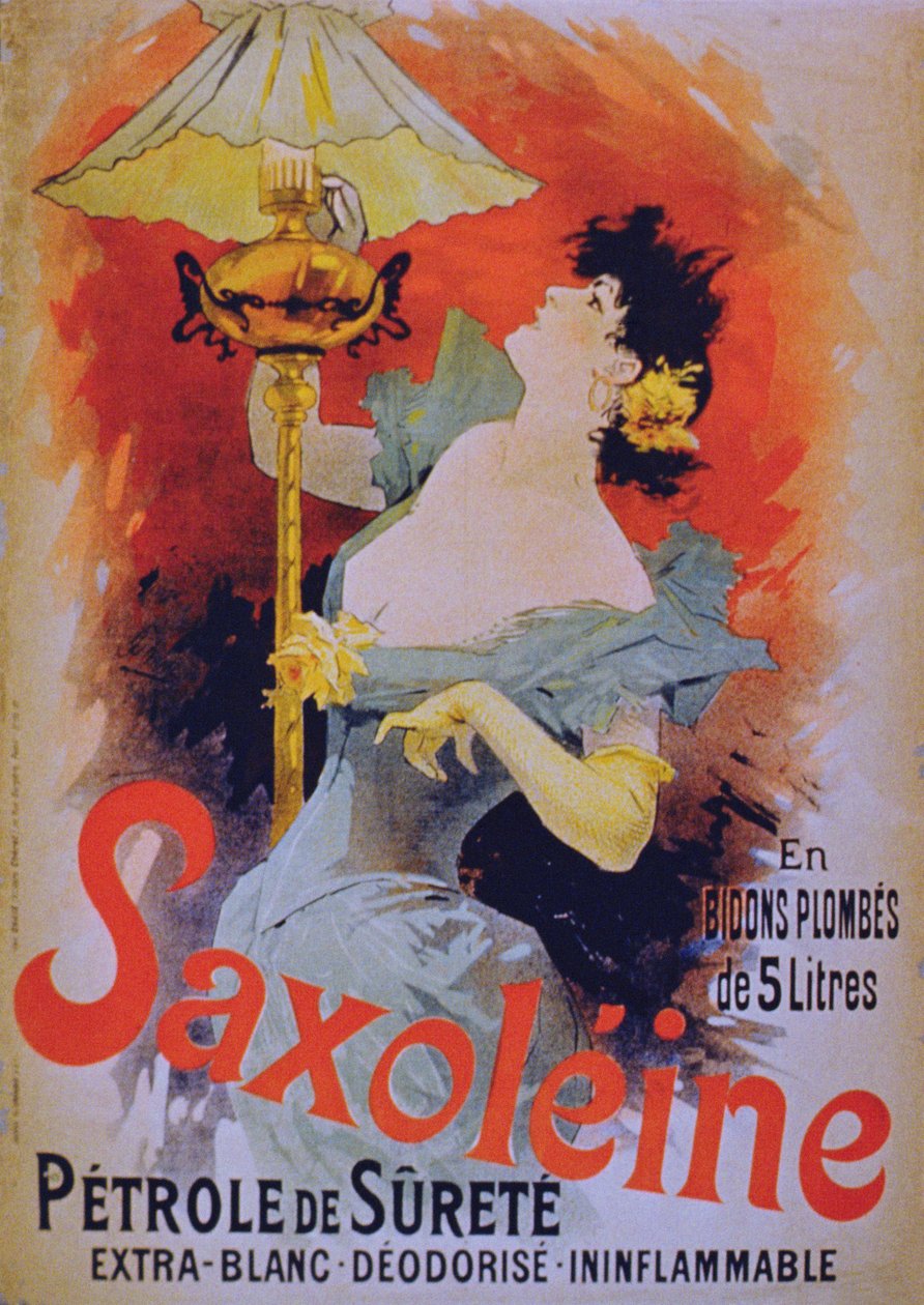 Poster advertising Saxoleine Safety Lamp Oil by French School