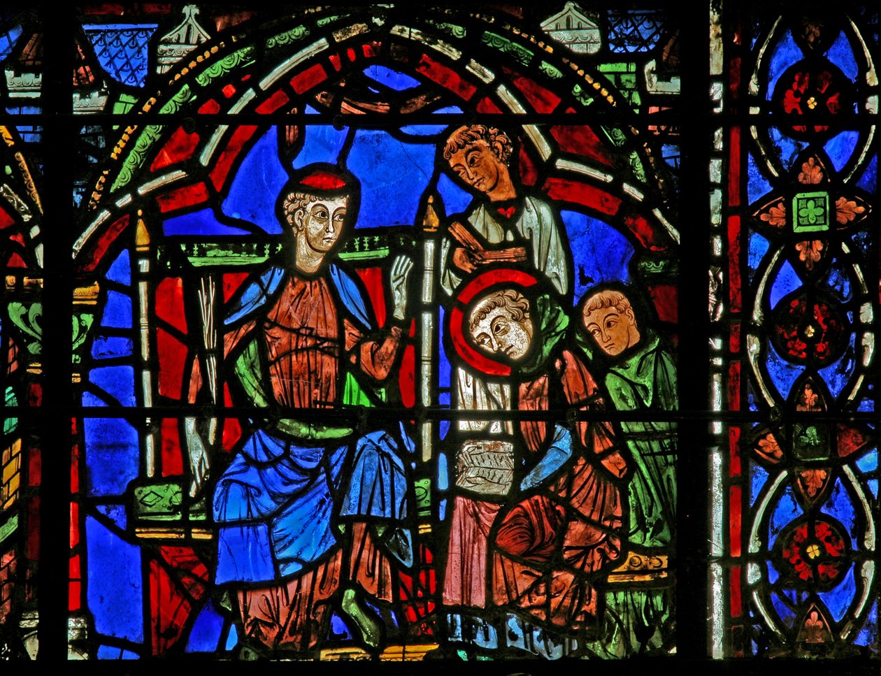 St Cheron window: learns to read by French School