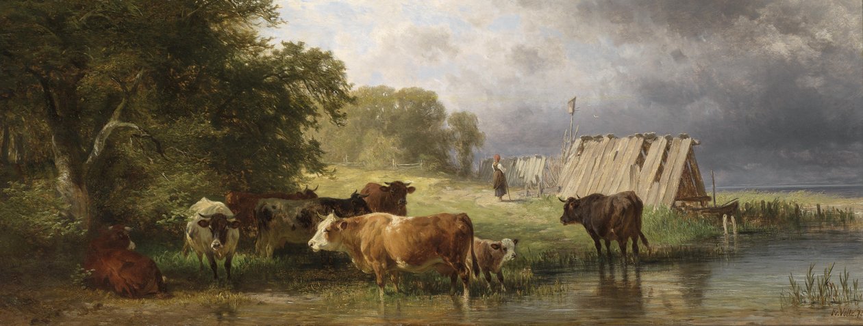 Rest of the Cattle Herd by the Lake by Friedrich Johann Voltz