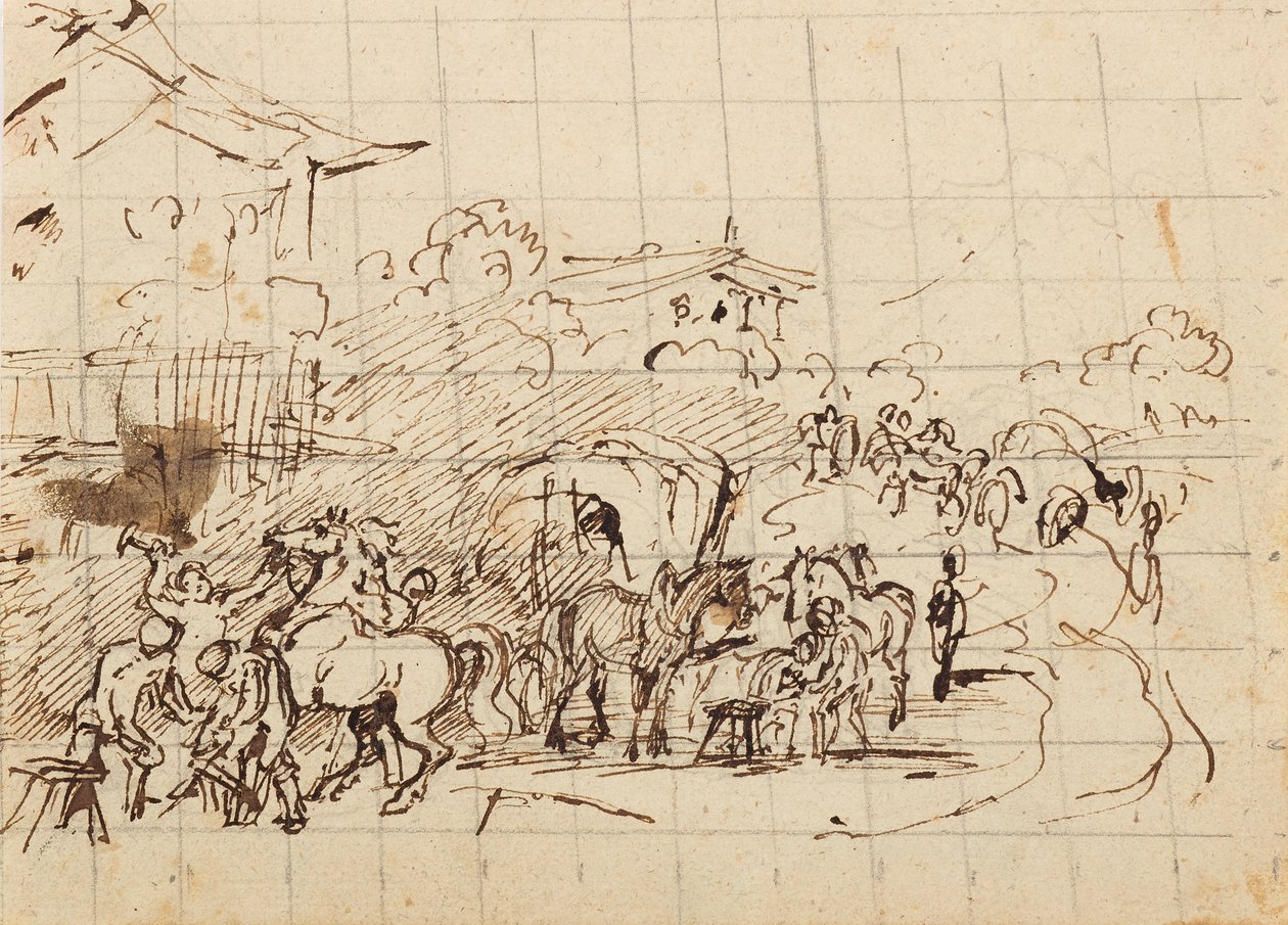 Horses in Front of a Blacksmith by Friedrich August Mathias Gauermann