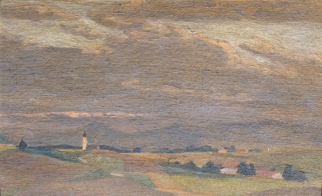 Evening Landscape with Church Tower by Friedrich Hasslwander