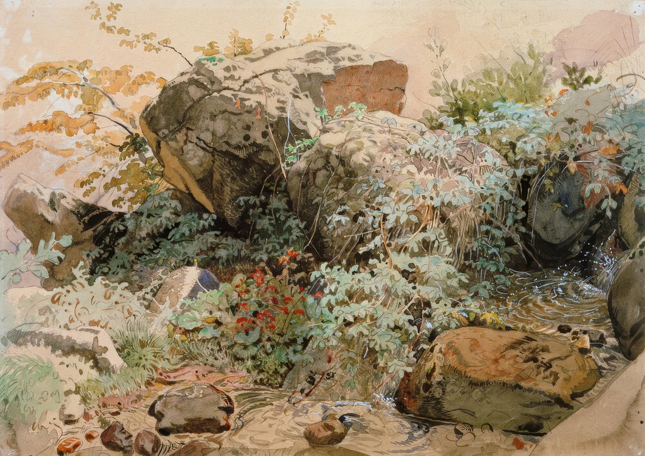 Rock Blocks Overgrown with Shrubs by a Mountain Stream by Friedrich Nerly