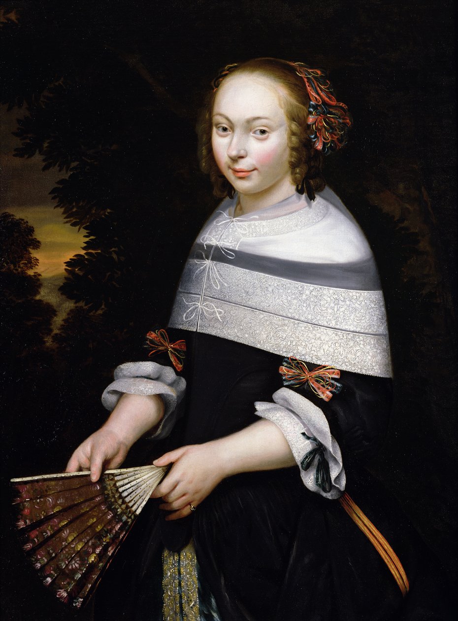Portrait of a Young Girl Holding a Fan, a Landscape Beyond by Friesian School