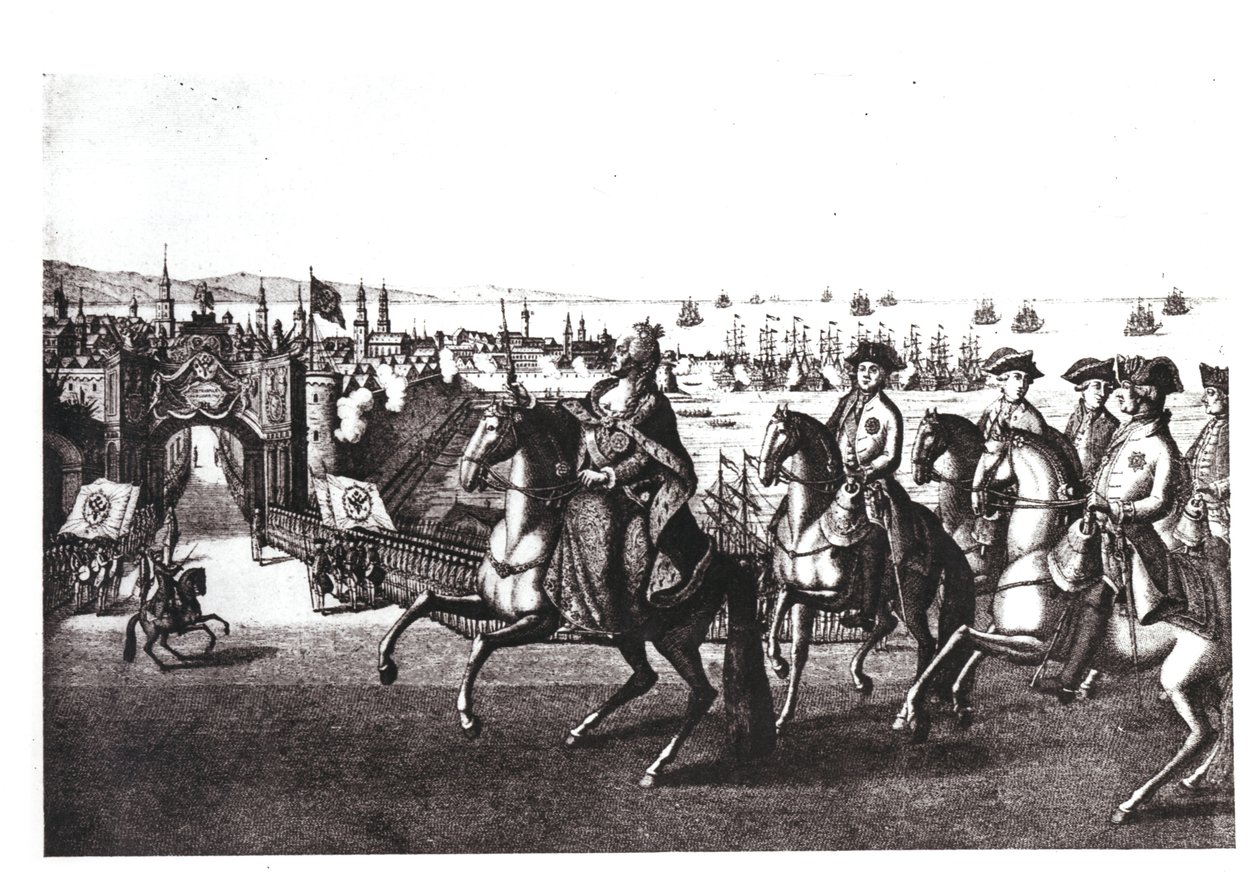 Catherine II the Great, riding into one of the ports in the Crimea captured from the Turks by G. Baltazar