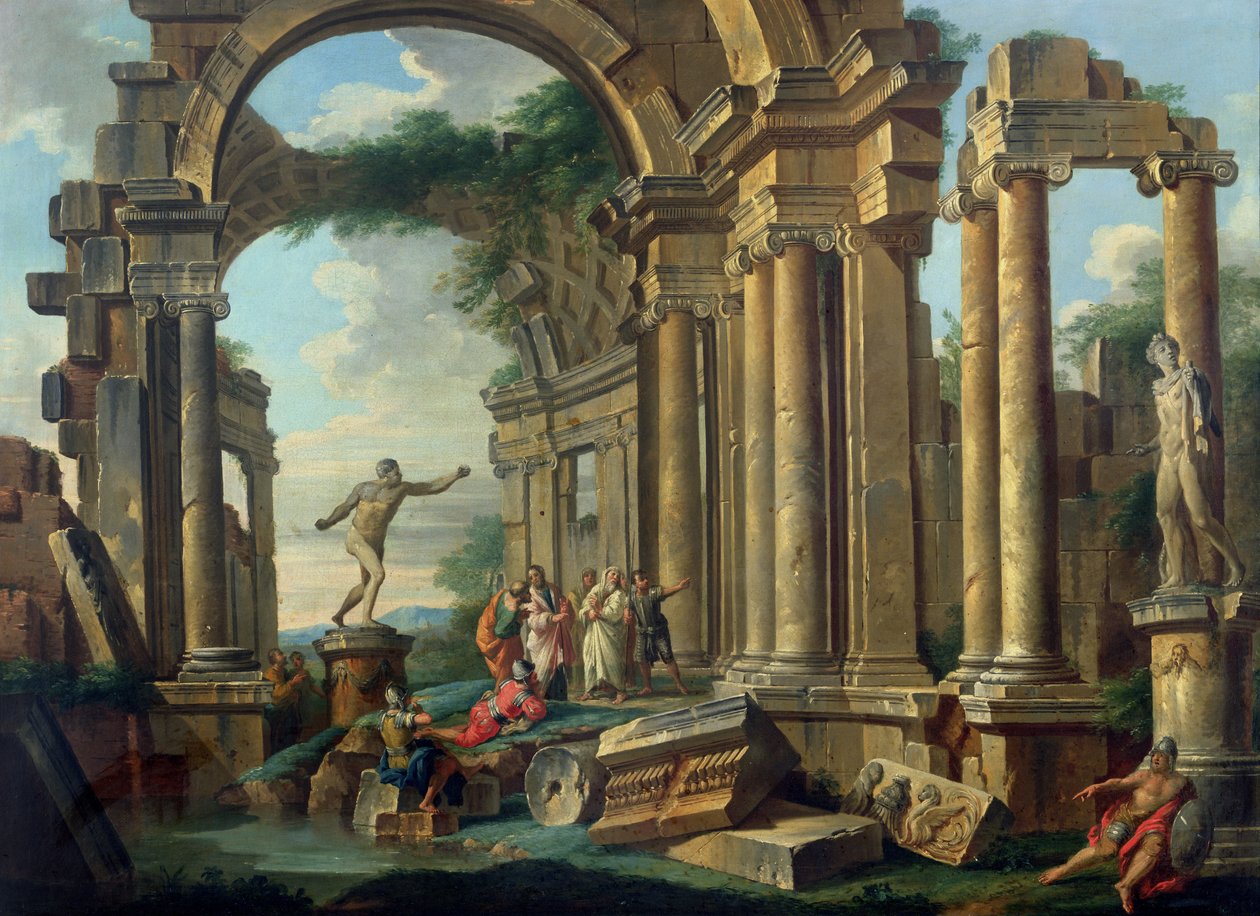 An Architectural Capriccio with Statues of the Warrior Agasias and the Apollo Belvedere by Giovanni Paolo Pannini