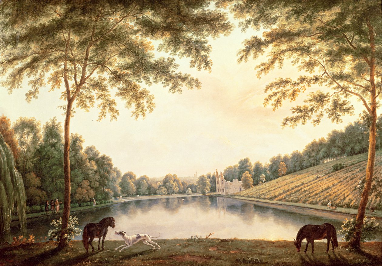 A View of the Lake and Ruins of the Abbey at Painshill, Surrey by G. and Gilpin, S. Barrett