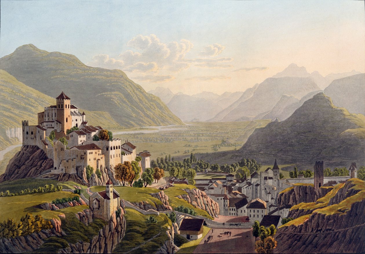 View of Sion, illustration from Voyage Pittoresque de Geneve a Milan, published Basle, 1819 by Mathias Gabriel Lory