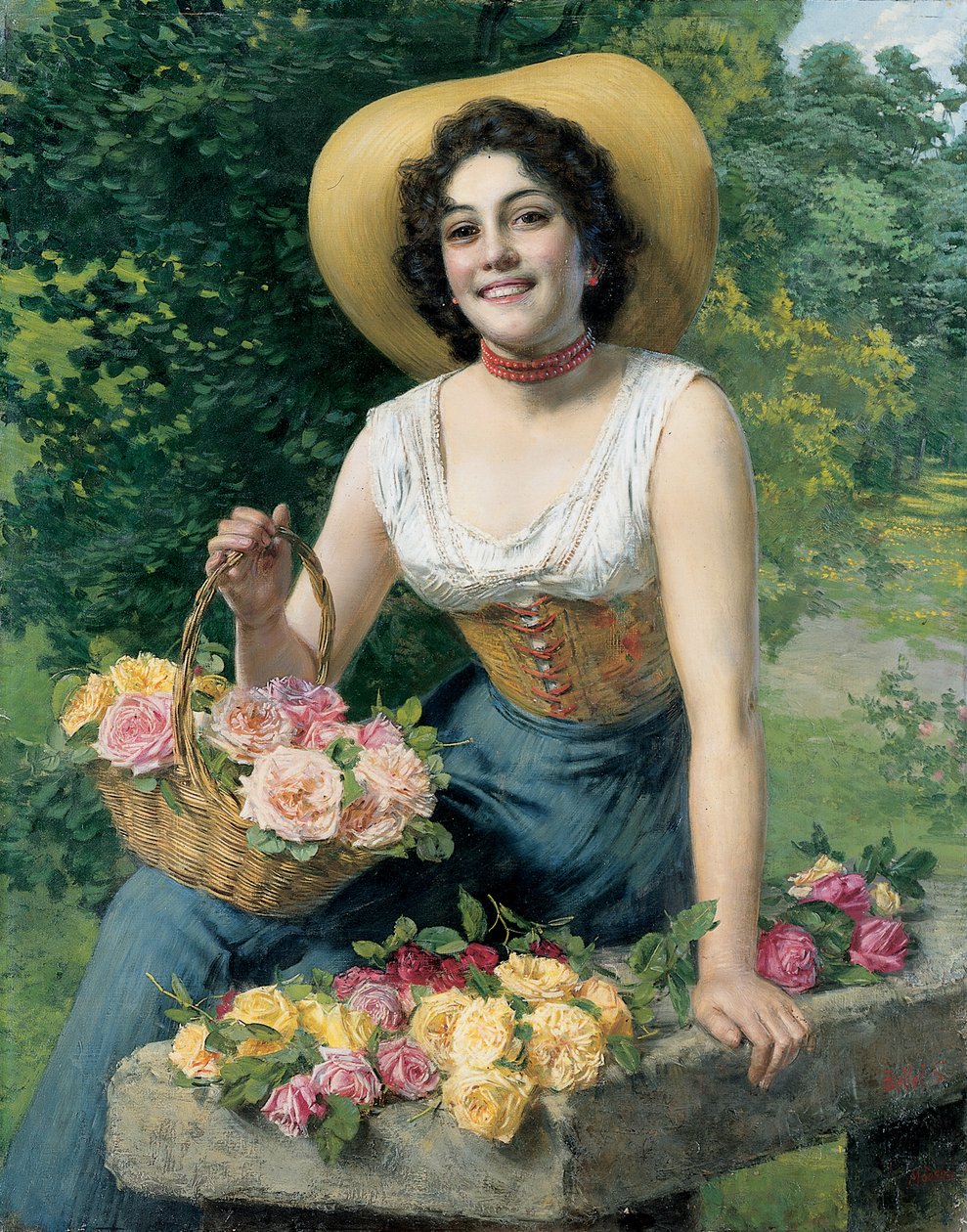 A Beauty Holding a Basket of Roses by Gaetano Bellei