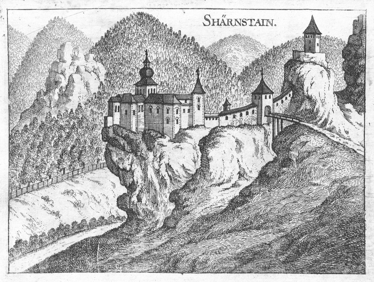 Engraving, view of Scharnstein castle, Upper Austria by Georg Matthaus Vischer
